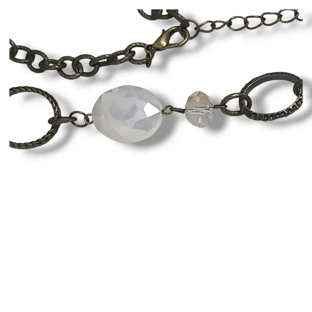 Rose Quartz & Crystal Y-drop Necklace Antique Gold Tone 22